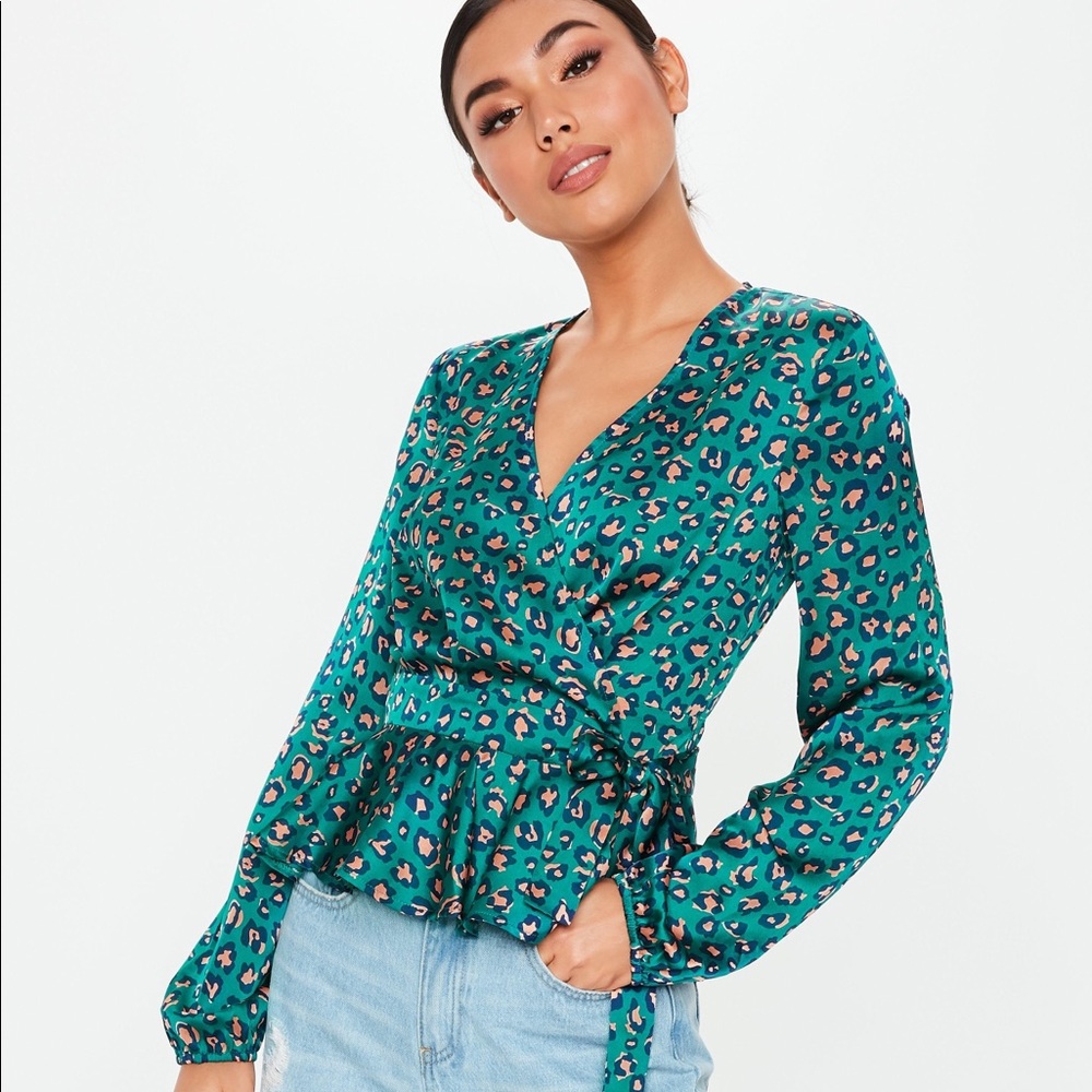 NWOT Teal Animal Frill Hem Side Tie Blouse